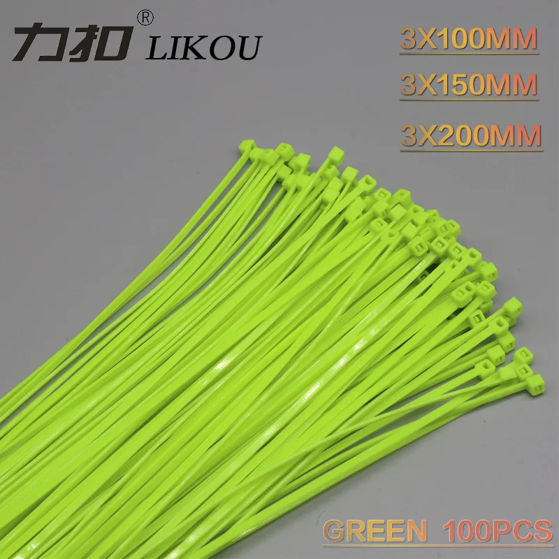 LIKOU Зеленый Нейлон Кабельные стяжки 3*100 мм 3*150 3*200 100 шт./пакет пластмассовая