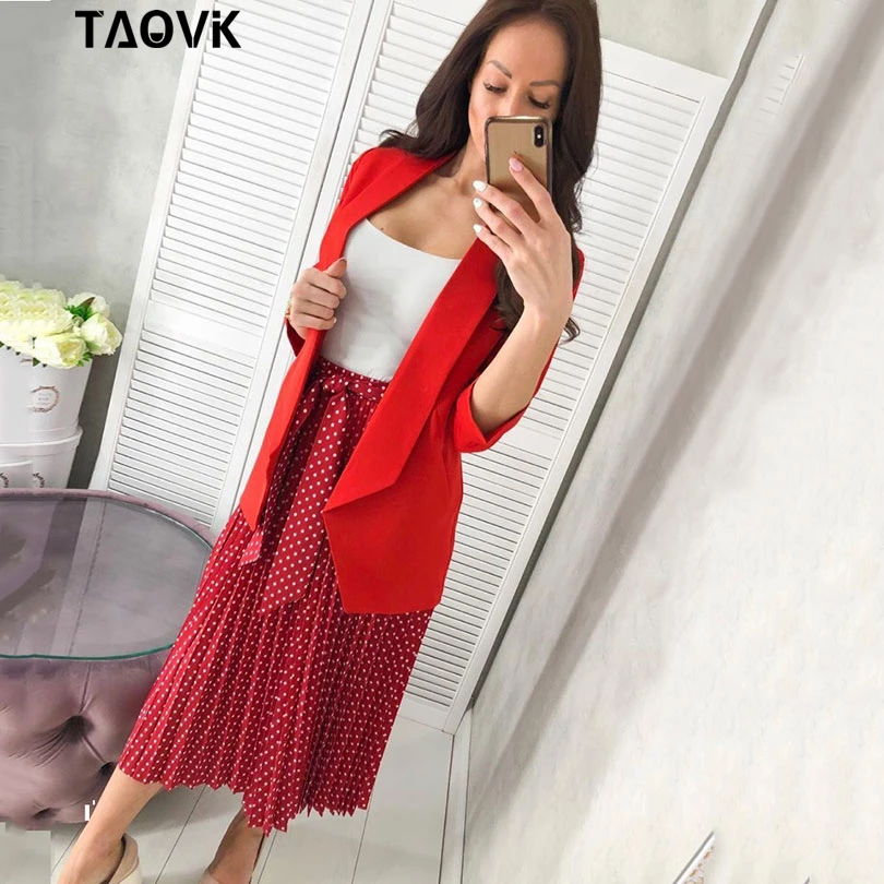 

TAOVK Summer Dress 2 Piece Set Notched Collar Blazer Jacket + Polka Dot Print Patchwork Sleeveless Dress OL Suits