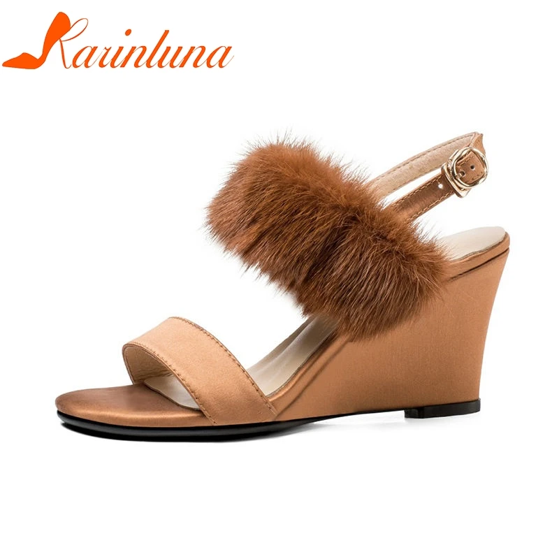 

KARINLUNA 2018 Summer Fashion Real Hair Quality Satin Women Sandals Big Size 34-41 High Wedges Heels Shoes Woman Casual Shoes