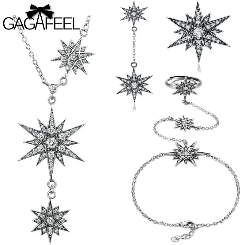 

GAGAFEEL Authentic 925 Sterling Silver Sparkling Star Jewelries Sets Trendy Stackable Silver Earrings Necklaces Bracelets Charms