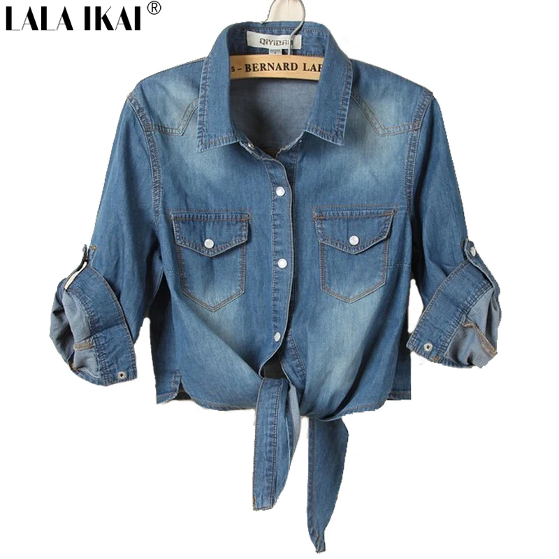 Denim Shirt Tie Top Jeans Tees Lady Casual Slim Tops Pure Cotton Shirt ...