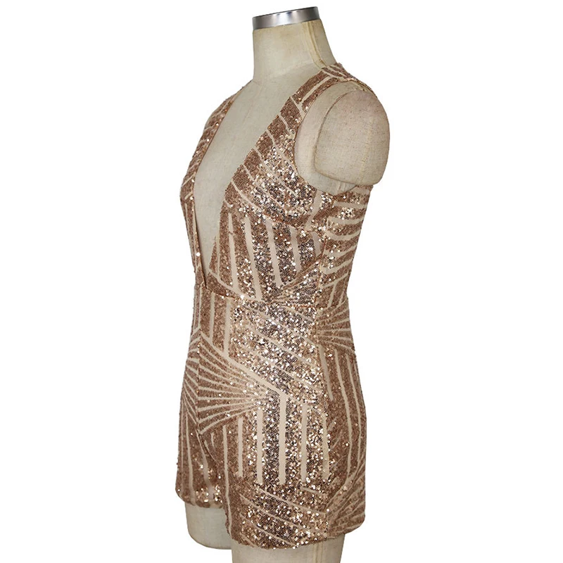 2018 Summer Gold Sequin Embroidery Elegant Sexy Jumpsuit Romper Transparent Mesh Sleeve Playsuit Women Deep V Neck Overalls