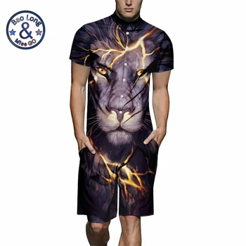 

Mens Rompers Lightning Lion print 3D Jumpsuits 2019 Summer Men Set Beach Party Short Sleeve Cargo Overalls One Piece Playsuit