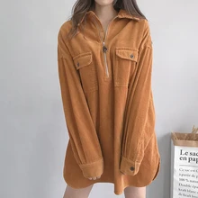 Для женщин осень-зима японский Винтаж дамы вельветовые карман футболки свободные с лацканами Длинные Топы вельвет пуловер