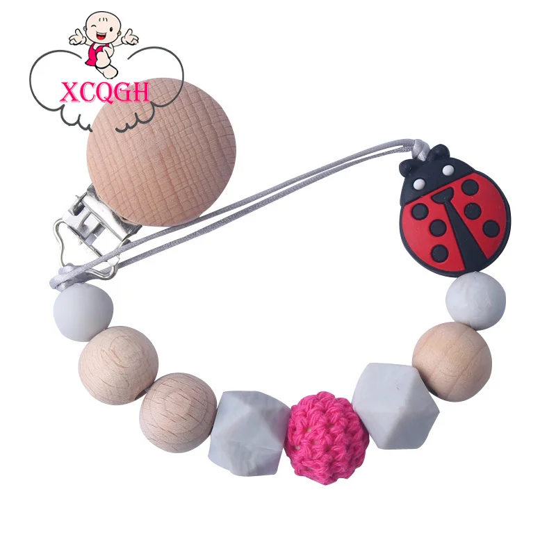 

Cute Ladybug Silicone Accessories Teether Pacifiers Clip Attache Tetine Crochet Beads Beech Wooden Beads Clip for Pacifier