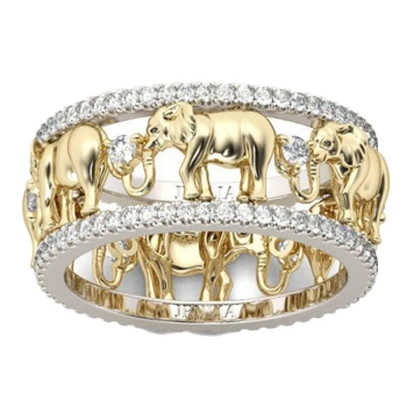 

Pure Copper Antique Gold Color Lucky 3D Elephant Ring Romantic Zircon Ring For Man/Woman Jewelry Dropshipping