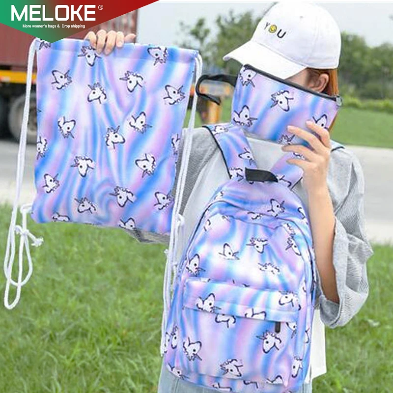Meloke 3 шт./компл. принтом Единорог прочный каркасный рюкзак сумка с Кулиской сумки, школьные рюкзаки для девочек-подростков, Повседневная дорожная сумка XC50