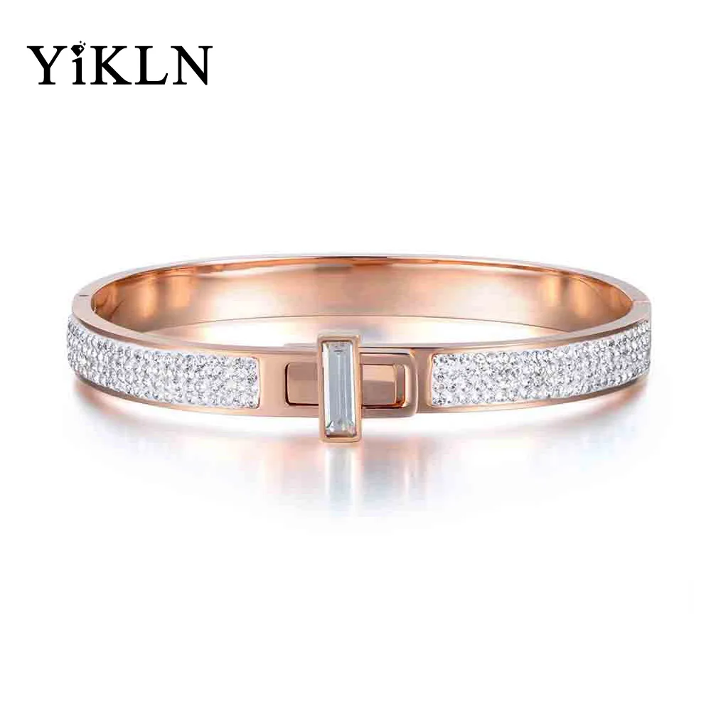 

YiKLN Luxury Pave Setting Rhinestone Bangles Bracelets Rose Gold Stainless Steel CZ Crystal Wedding Bangle For Women YB17051