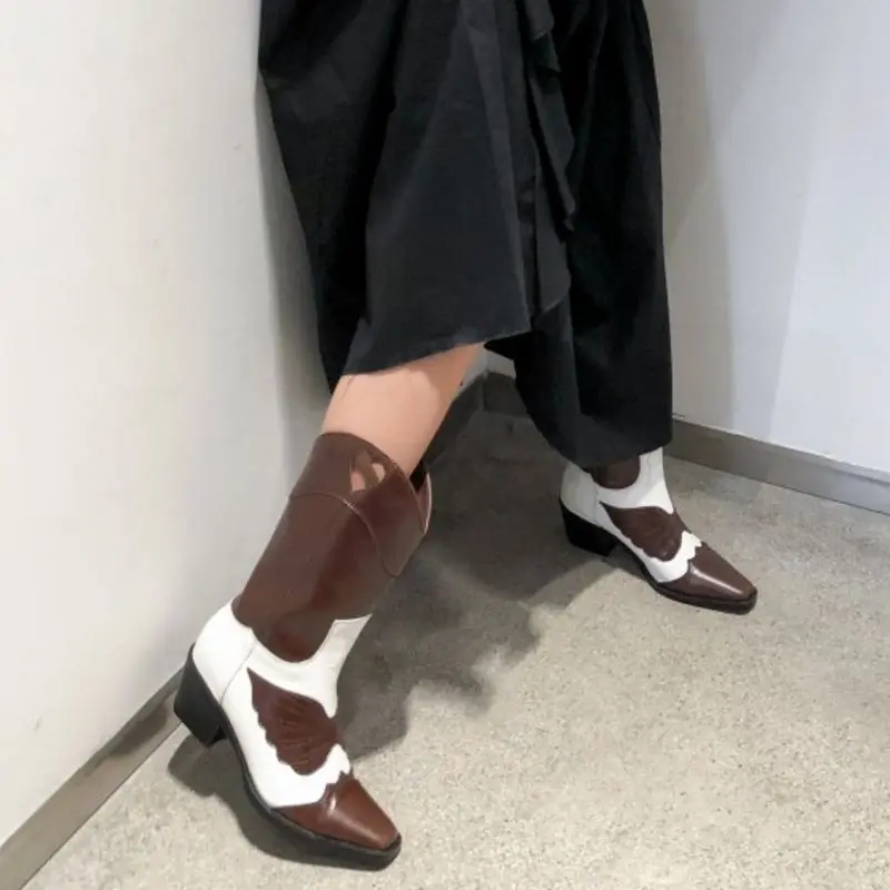 RIZABINA/женские ботинки из натуральной кожи; новая зимняя теплая обувь коричневого цвета до середины икры; Женская Классическая обувь средней высоты; размеры 34-40