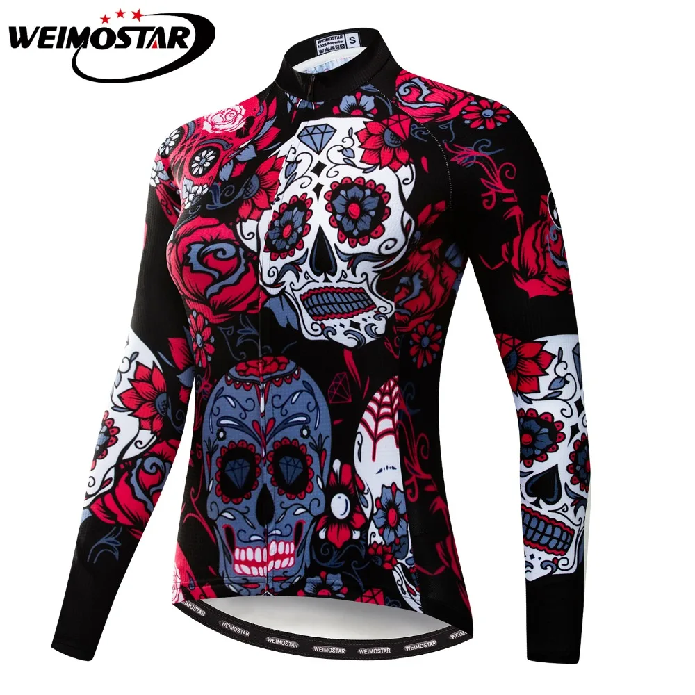 Pro Team Autumn Cycling Jersey Women Racing Sport Red Skull Bicycle