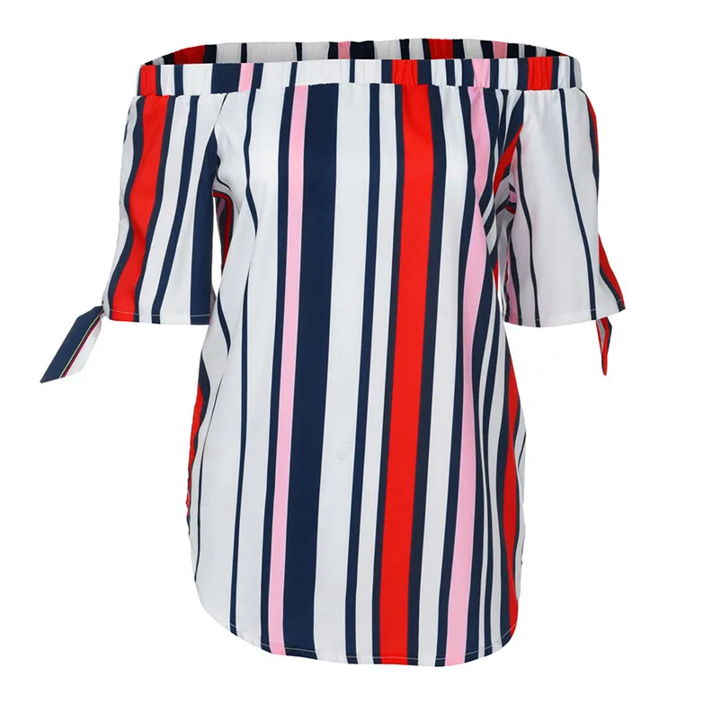 Fashion womens tops and blouses summer 2018 Casual Off Shoulder Bandage Stripe Printed Tops Blouses Shirts camicette Y30#N  (3)