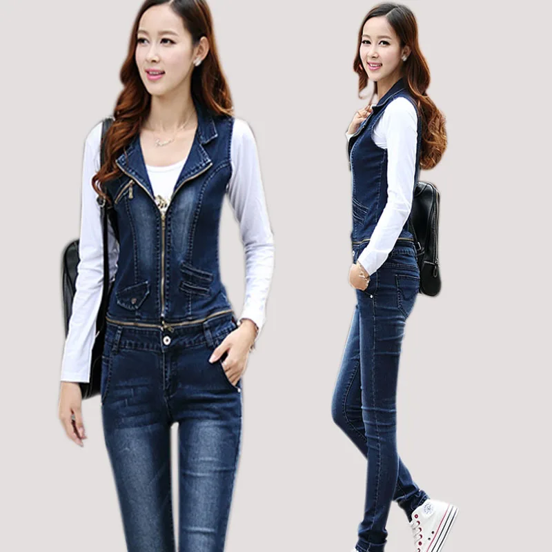 

2016 Spring Autumn Women Denim Jumpsuits Long Pants Sleeveless Overalls Single Breasted Slim Casual Denim Rompers W031