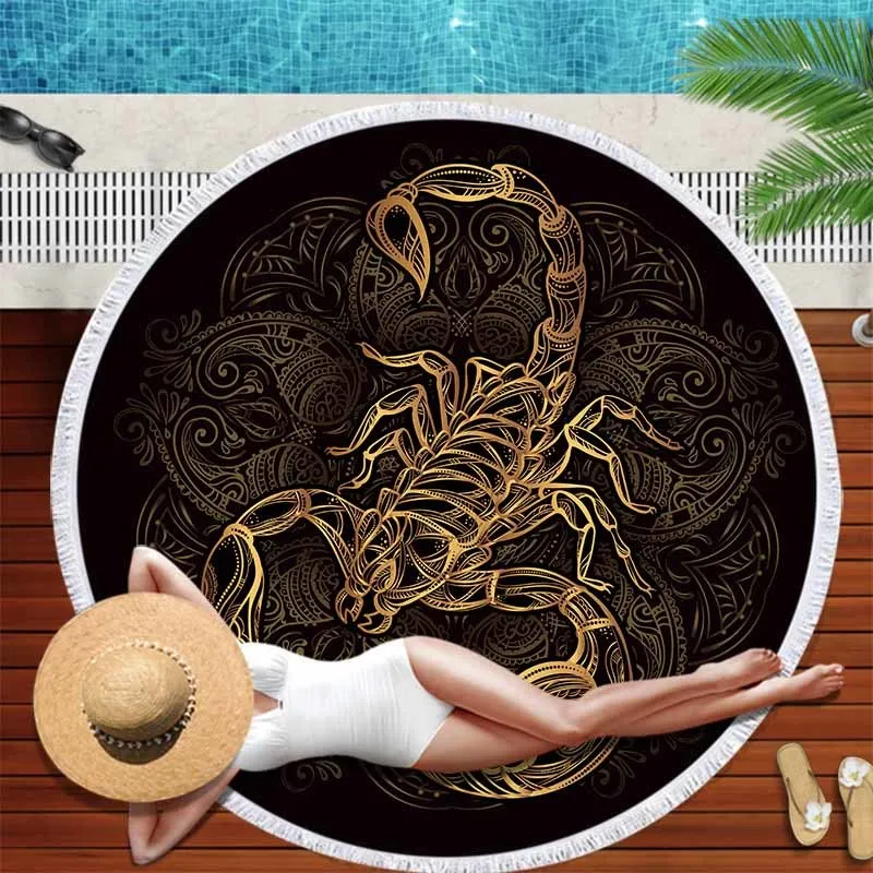 3D горячего тиснения Скорпион круглый пляжное полотенце из микрофибры кисточки печатных банное полотенце с салфеткой Plage путешествия