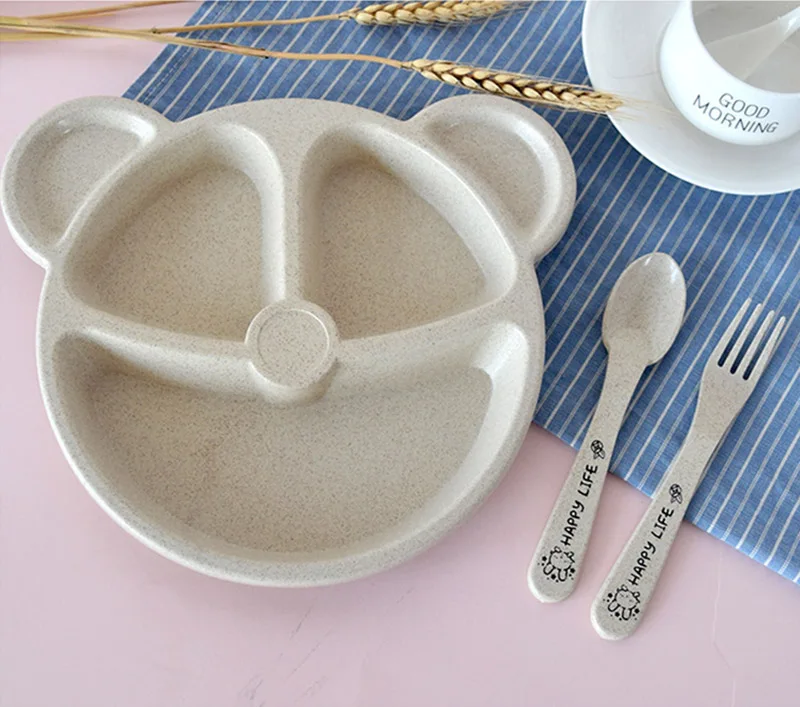 3Pcs Baby Bamboo Food Storage Tableware Kids Plate Spoon Fork Solid Dishes Newborn Children Eco-friendly Dinnerware Set BB5129 (16)