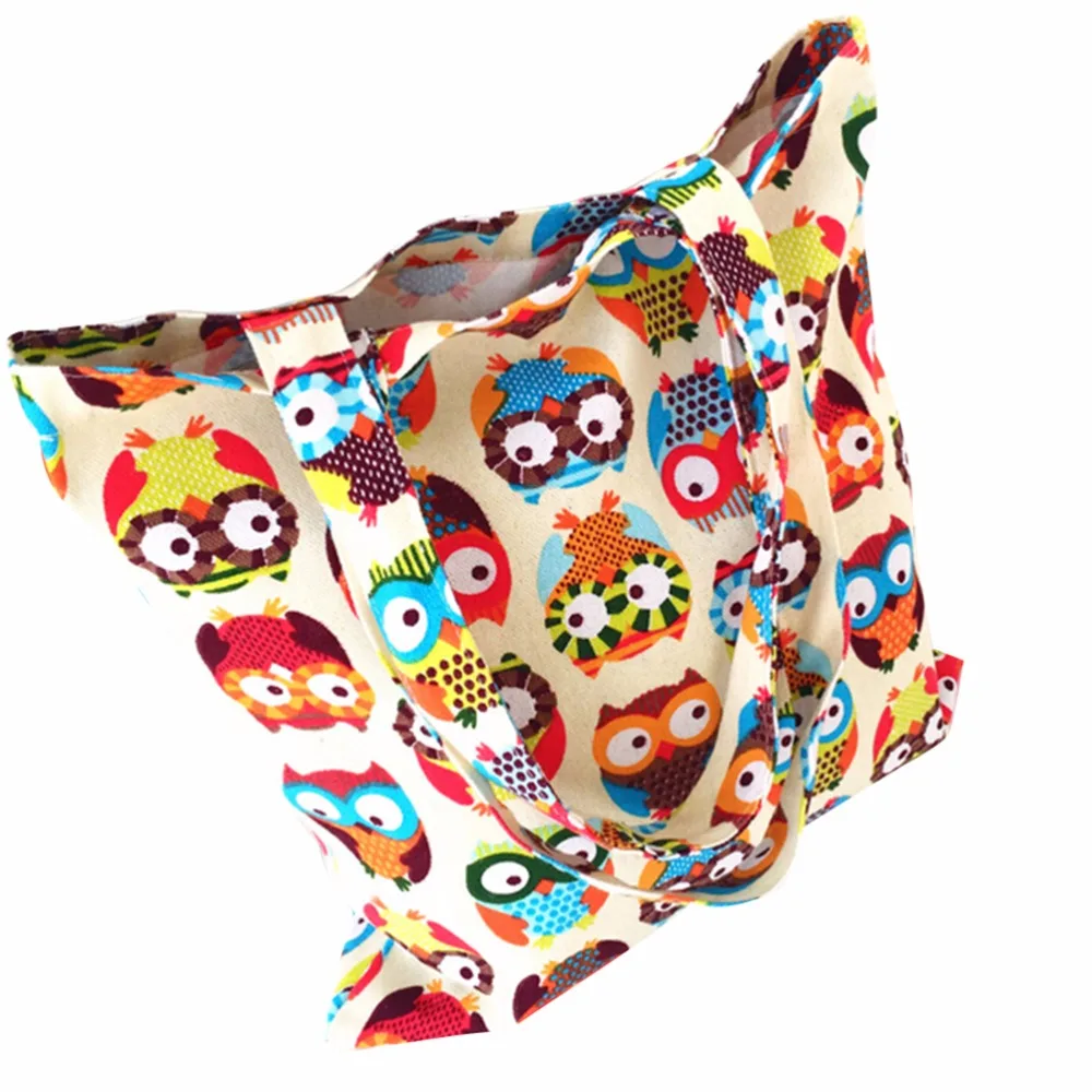 

Canvas Cotton Shopping Tote Shoulder Carrying Bag Eco Reusable Bag Print Colorful Owls Mom Casual Handbag