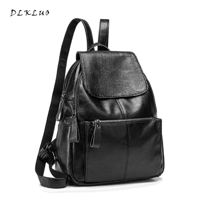 Dlkluo Hot Sale Women Genuine Leather Backpack High Quality Hasp Flap Bag Preppy Style Girl School