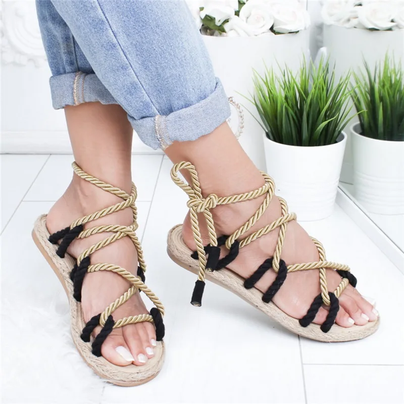 Litthing Summer Sandals For Women Hemp Rope Shoes Woman Rome Casuals Hemp Rope Sandals Zapatos De Mujer Rome Sandals - Color: black