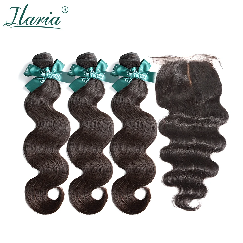 

ILARIA HAIR Human Hair Bundles With Closure Unprocessed Brazilian Body Wave Virgin Hair Weaves 3 Bundles With Silk Base Closure