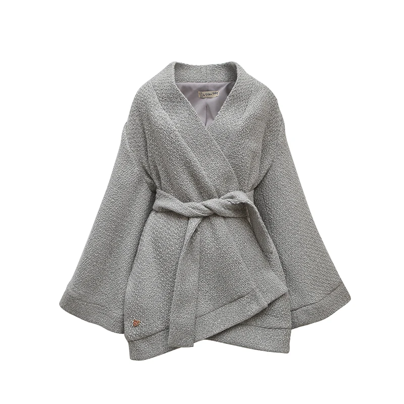LE PALAIS VINTAGE 2018W Elegant Tweeds Wool Blend Coat Women Batwing Sleeve Oversize Loose Long Coat Classic Adjustable Belt
