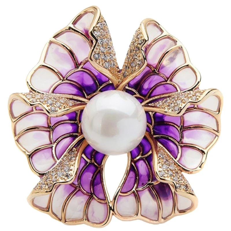 

Luxury Rhinestone Simulation Pearl Purple Enamel Brooch for Wedding Banquet Jewelry Gifts