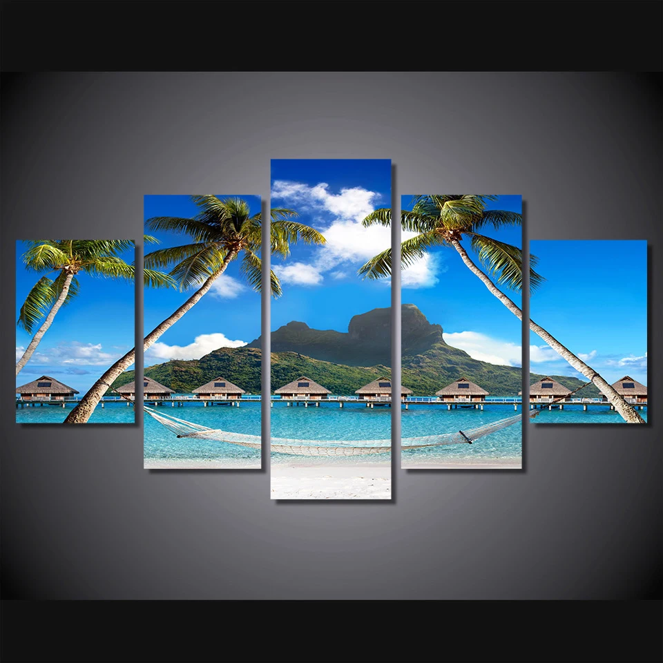 

Wall Art Living Room Frame Home Printed Pictures 5 Panel Tropical Beach Palms Scenery Modern HD Decor Canvas Painting Poster