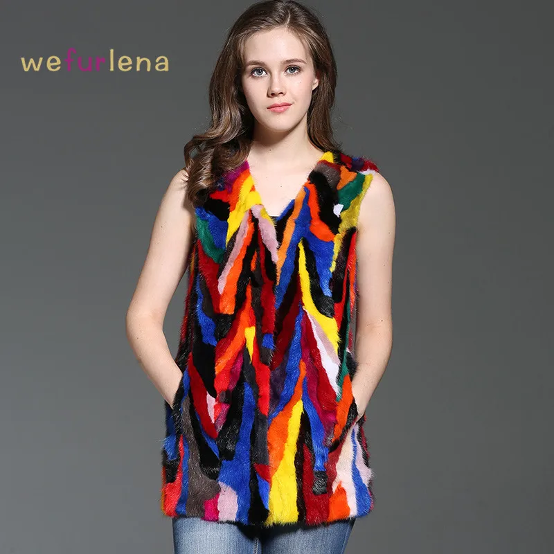 

Welfurlena Time-limited Medium V-neck 75cm Women Mink Colorful 2017 Winter Thicken Warm Real Fur Vest Coat Sleeveless Natural