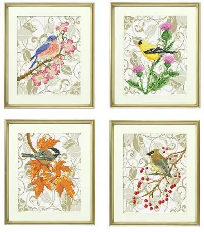 cs-2380 Cross Stitch Kit Season Bird Birds Goldfinch Black Capped Chickadee Bluebird Cedar Waxwing Spring Summer Autumn Winter   (4)