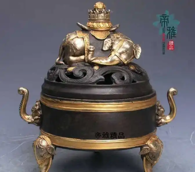 

Chinese Buddhism Copper 24K Gold Gild Silver-gilt Elephant Incense Burner Censer