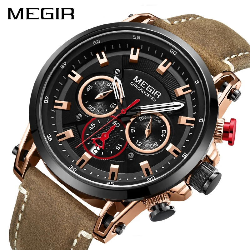 

Megir Men's Watch Chronograph Quartz Watches Man Leather Strap Clock WaterproofSport Army Date Wristwatch Relogios Masculino