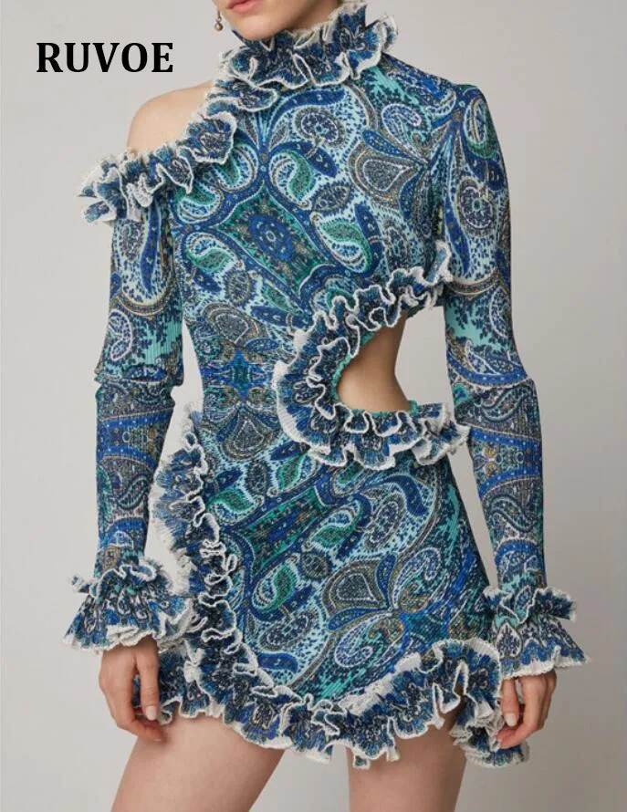 

High Quality 2019 New Arrival Women Mini-dress Long Sleeve Asymmetrical Flower Printed Dress Women Patchwork Dress RXD-066