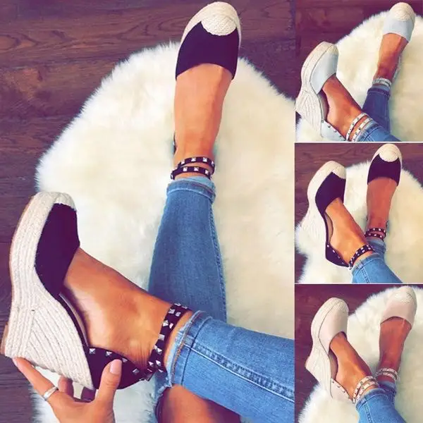 online Mulher saltos de cunha chaussure plataforma mulheres sexy bombas sandálias peep toe cross amarrado do punk rebite zapatos mujer calçados femininos f180573