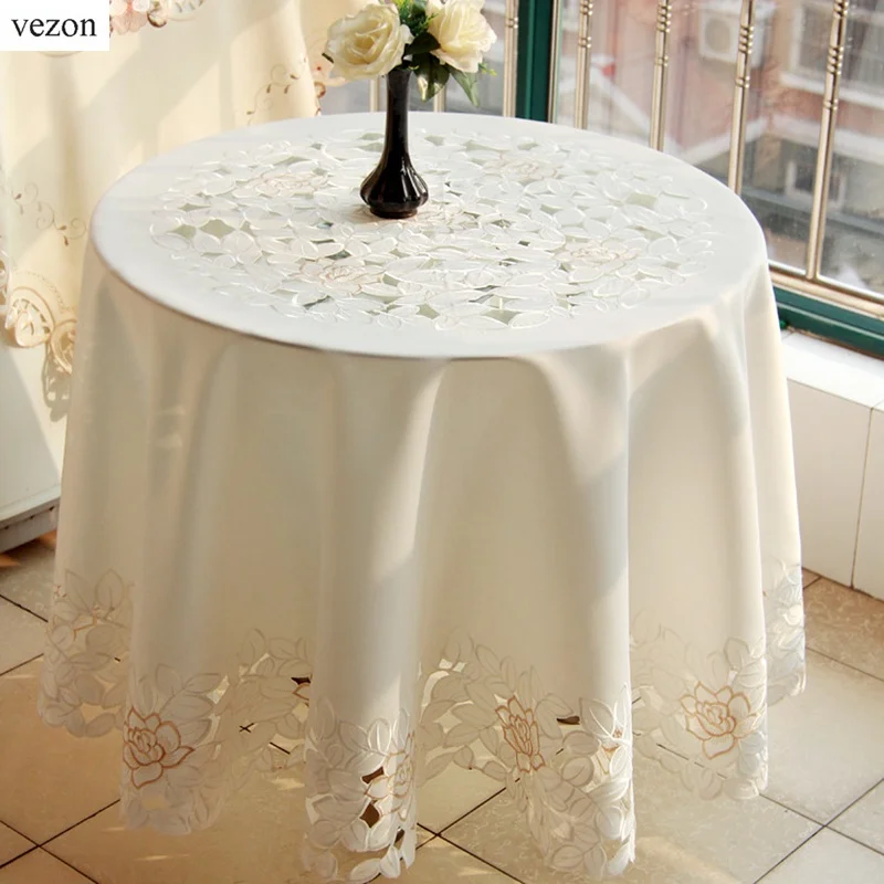 

vezon Elegant Round Europe Polyester Satin Floral Embroidery Tablecloths Solid Color Embroidered Table Linen Cloth Cover Overlay