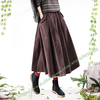 

2019 Autumn Winter Female Retro Vintage Casual Garden Park Corduroy Long Pleated Midi Japanese Skirt Women / Maxi Skirts Womens