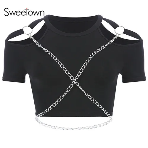 Sweetown, черный топ в стиле панк-рок, футболка с вырезами на плечах, тонкая сексуальная летняя футболка, женская футболка в стиле хиппи с металлической цепочкой и крестом - Цвет: black