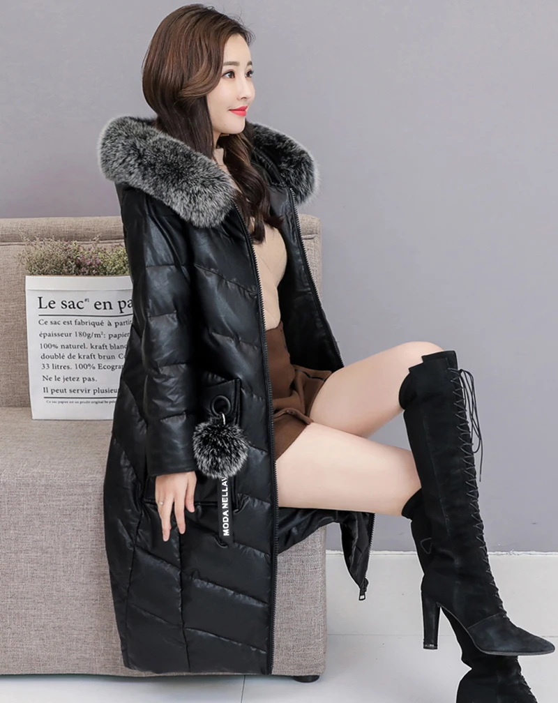 Зимняя кожаная куртка женская тонкая хлопковая куртка с лисьим меховым воротником теплая верхняя одежда с капюшоном 2019 Новая мода Большой