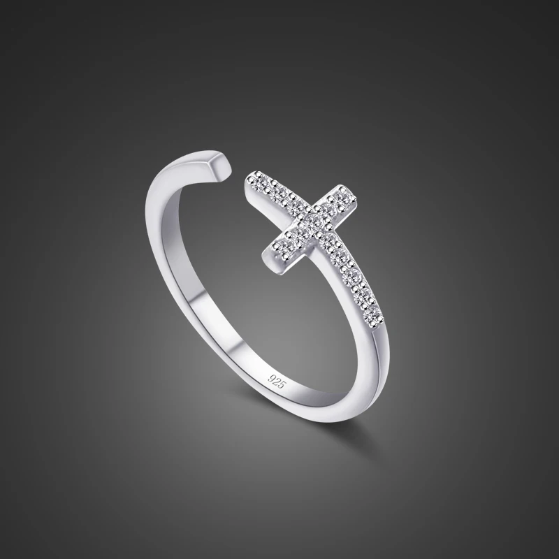 

New 100% 925 Sterling Silver Ring Girl Glamour Jewelry Shining Zircon Cross Ring Opening Design Solid silver ring free shipping