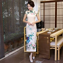New Chinese Traditional Female Slim Cheongsam Vintage Print Flower Satin Sexy Dress Novelty Handmade Button Qipao M-XXXL