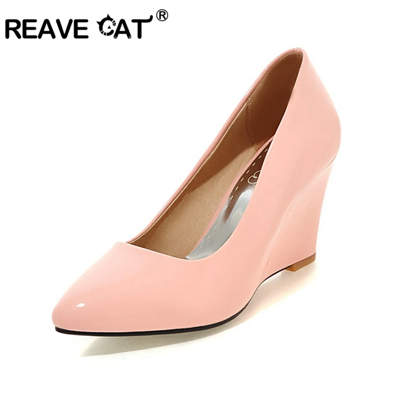 

REAVE CAT woman 2019 New arrival mature wedges Pumps high heels PU leather pointed toe spring career Slip on shoes Beige Size 43