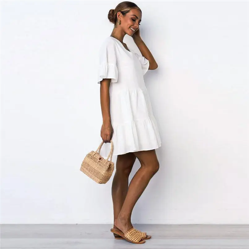 New Womens Summer Fashion Casual Solid V-Neck Short Sleeveless Mini White Dress Casual Holiday Beach Elegant Lady Dress #4R07 (5)