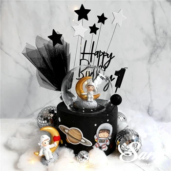 

Bling Star Astronaut Decoration Ins Mirror Ball Planet Cake Topper Happy Birthday for Children's Day Party Supplies Lovely Gifts