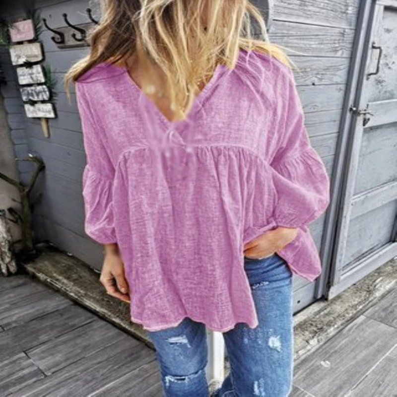 

Womens Tops Ladies Casual Loose Solid Blouse Fashion V Neck Holiday Summer Dress