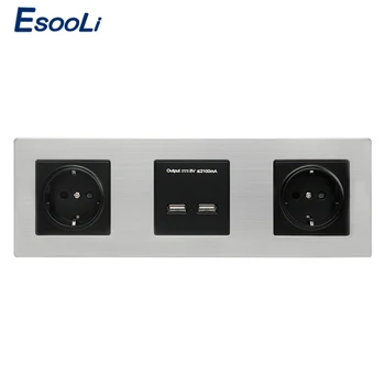 

Esooli Wall Stainless Steel Panel Double Socket 16A EU Electrical Outlet Dual USB Smart Charging Port 5V 2A Output Black