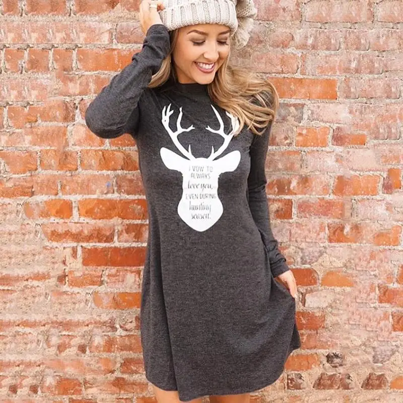 Women Dress Deer Elk Print Christmas Mini Dresses Autumn Winter font b Robe b font font