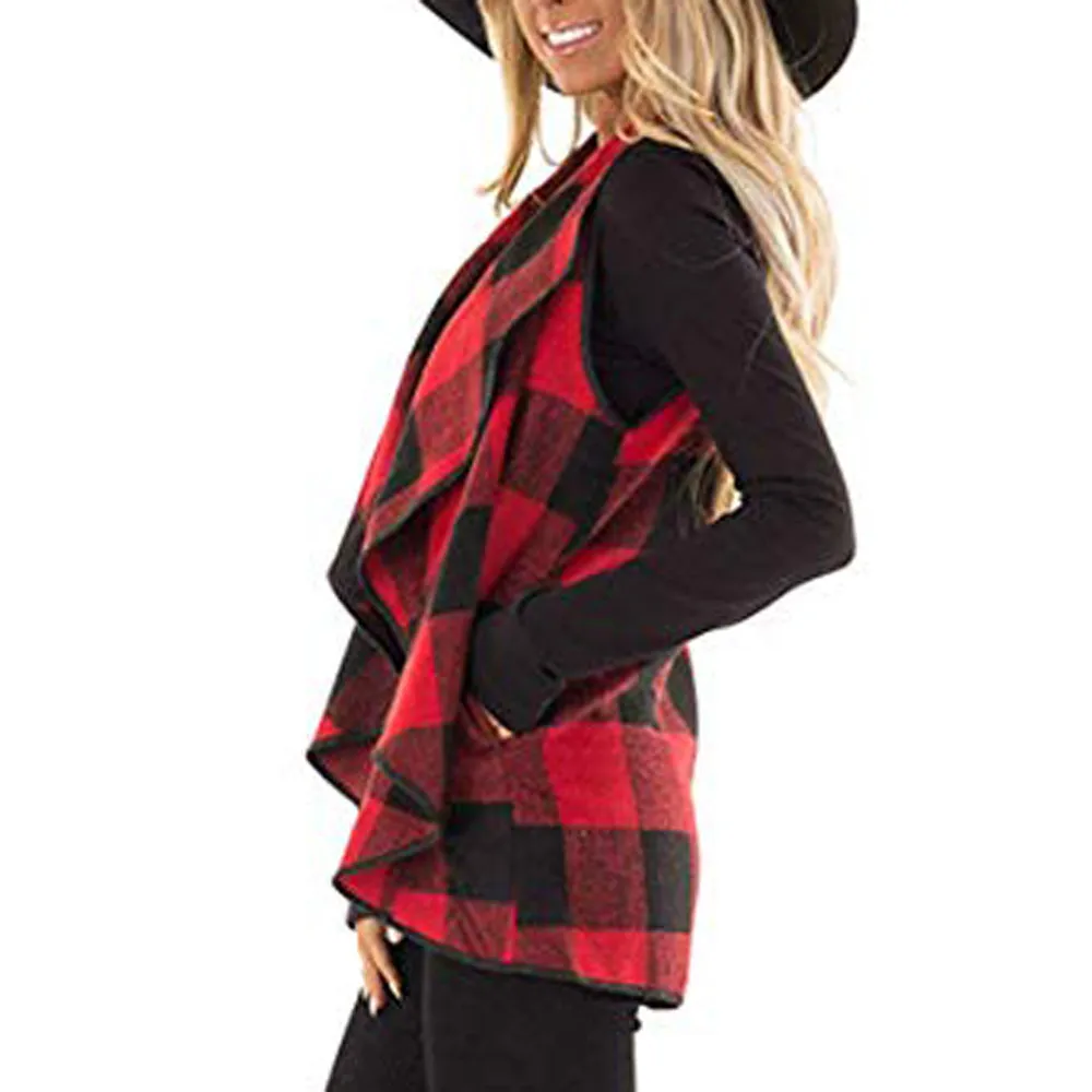 Womens Vest Plaid Sleeveless Lapel Open Front Cardigan Sherpa Jacket Pockets Waistcoat Women Fall Casual long vest long coat