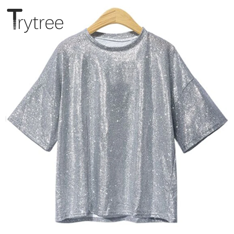 Trytree Spring Summer Women t shirt Casual Polyester tshirt Fashion O-Neck Pink Silver Tops clothes Solid Polyester Shirts