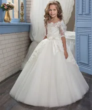 Flower Girl Dresses White Lace Appliques Ball Gown First Communion Dresses Hot Sale Vestidos Longo Custom Make Size White Ivory 2017 champagne flower girl dresses long sleeves o ncek button sheer tulle ball gown first communion gowns vestidos longo custom