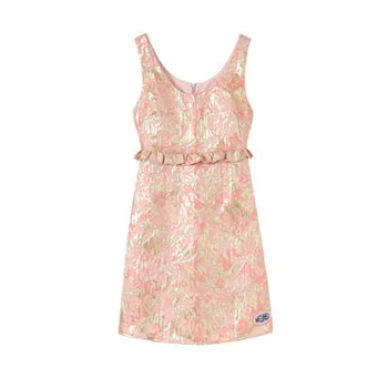 

2019 Summer Pink Spaghetti Strap Sexy Chic Gold Prink Women Mini Dress High Waist Ruffles A-line Sundress Brand Party Clothes