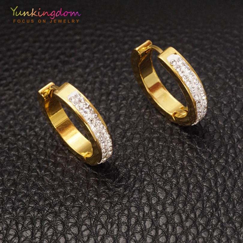 Yunkingdom золотого цвета с украшением в виде кристаллов Стразы Серьги-кольца для женщин женские модные ювелирные изделия из нержавеющей стали, серьги UE0085