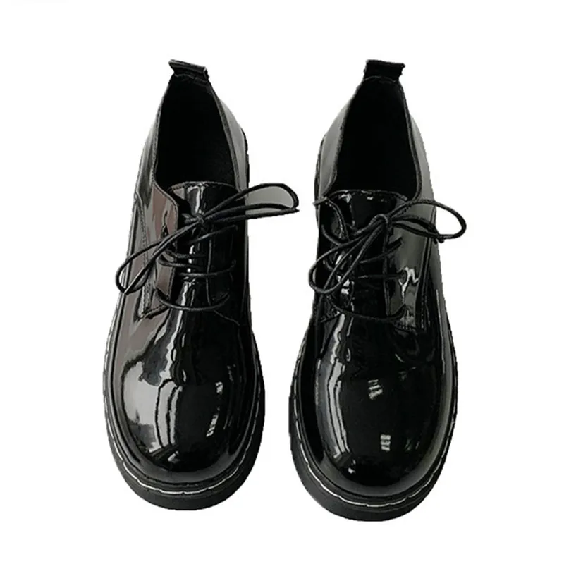 

2019 British Oxfords Shoes Women Spring Autumn Fashion Patent Leather Platform Casual Riband Flats Lace Up Black Leather Brogues