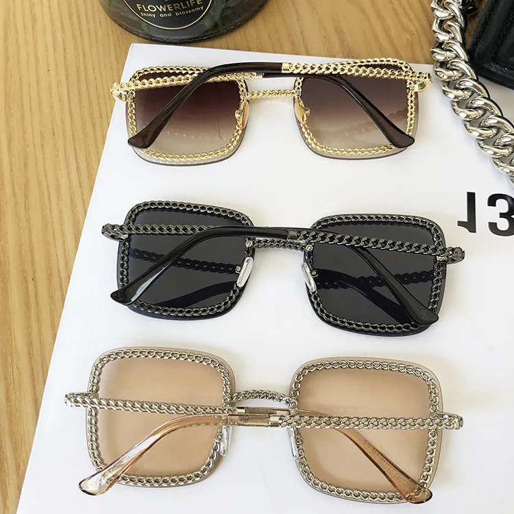 Роскошные квадратные солнцезащитные очки, стразы, украшение для женщин, UV400, Ретро стиль, брендовая цепочка, металлическая оправа, оттенки, летние солнцезащитные очки для женщин